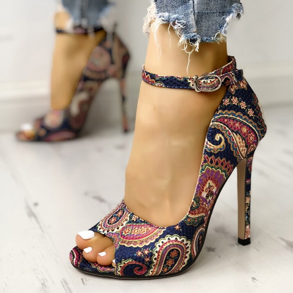 Ethnic Print Peep Toe Ankle Strap Heels
